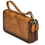 Vegetable Tanned Distressed Top Grain Leather Double Zip Long Wallet, Vintage Genuine Leather V1232-SNB-NS-004