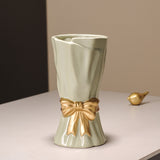 Green Elegant Ceramic Vase with Golden Bow Accent - Textured Relief Flower Holder for Living Room & V888-ELOSUNG27751