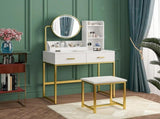Dressing Table Stool Set in White & Gold with LED Lights and Charging Station V178-59323