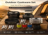 Black Camping Cookware Set for 23 People Portable Outdoor Cooking Pot, Frying Pan & 1.1L Kettle V888-ELOSUNG54632
