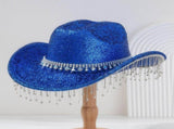 Blue Rhinestone Fringe Cowboy Hat - Sparkling Western Party Hat with Round Gemstone Band and Crystal V888-ELOSUNG57115-5