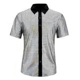 XL size Men's 70s Disco Costume Set - Silvery Plaid shirt with Black Bell Bottom Pants & V888-ELOSUNG56246-11