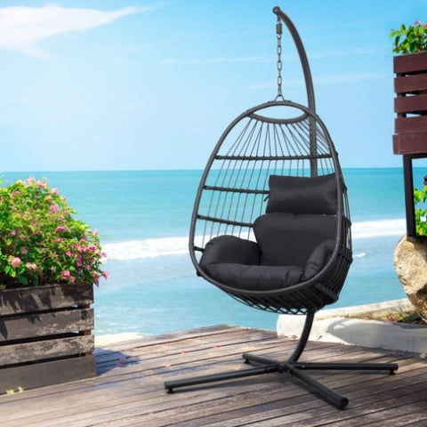 Gardeon Outdoor Egg Swing Chair Hanging Chair Wicker Rope Pod Stand Foldable Grey HM-EGG-ROPE-XD-GREY