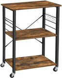 Kitchen Baker's Rack, 3-Tier Serving Cart with Metal Frame and 6 Hooks, Rustic Brown V178-11338