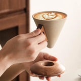 Conical Coffee Cup, Large 250ml Ceramic Mug with Inlaid Wood Handle, Includes Solid Wood Base, Ideal V1366-AZ2-W-23206