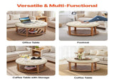 Large Round Ottoman Coffee Table, 81 cm Tufted Coffee Table with Wood Shelf Storage, Linen V952-BYJDYXWSJKFSU67U8001V0