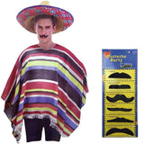 3pc Set Mens Mexican Poncho Sombrero Moustache Spanish Cowboy Costume Party V563-MEXICANCOSTUMESET