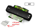 Hot Paper Laminator 350W for 80-100 Microns with 50 A3 Laminating Pouches V196-A3PACK