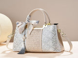 Crane Embroidered Handbag PU leather spliced with gold/silver thread crane pattern, silk scarf bow V1385-CXSTB-WU-1013-008