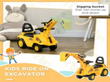 Yellow children's ride-on excavator puller, with horn, under-seat storage space, sit-and-slide V1197-WJ-071701