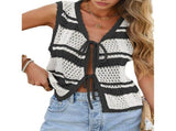 Women'S Sleeveless Striped Sweater Vest V Neck Tie Front Crochet Knit Tank Tops Black L V1192-AZ-W-20799