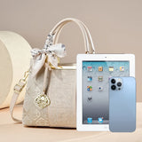 Crane Embroidered Handbag PU leather spliced with gold/silver thread crane pattern, silk scarf bow V1385-CXSTB-WU-1013-008