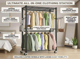 CARLA HOME Double Rail Garment Rack with Shelves - Rolling - Portable Wardrobe LSB-36526