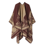 Cozy Daily Faux Cashmere Poncho, Classic Forest Deer Pattern, Deep Jujube Red V1221-XM-LB2136-ZS57