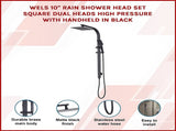 WELS 10" Rain Shower Head Set Square Dual Heads High Pressure with Handheld in Black V63-848021