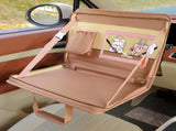 Brown Foldable Car Back Seat Organizer Tray - PU Leather Travel Desk with Tablet Holder V888-ELOSUNG27009