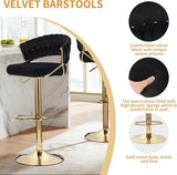 2x Height Black Velvet Padded Golden Round Base Barstools Chairs V255-GP1802R-BLACK