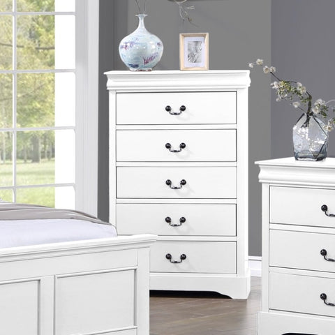 Tallboy with 5 Storage Drawers in Solid Wooden Metal Handles White Colour V43-TBY-SPNC-WH