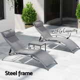 Gardeon 3PC Sun Lounge Outdoor Lounger Steel Table Chairs Patio Furniture Grey FF-LOUNGE-SL-3PCS-GE