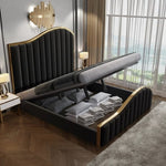 King Size Elegant Luxury Bedframe with Gas Lift Storage Charcoal Velvet Fabric Golden Trim V357-BFRAME-STARSHINE-K-BK-ABC