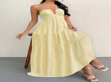 Apricot XL Size Women's Elegant Halter Maxi Dress Summer Backless V-Neck Sleeveless Long Beach V888-ELOSUNG41125