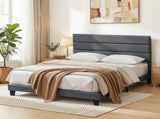 Artiss Queen Bed Frame Upholstered Platform Base with Geometric Headboard Charcoal Grey Linen Wood BFRAME-H-HUSH-Q-CA-AB