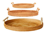 Hand Woven Round Rattan Serving Tray Bread Fruit Dessert Snack Basket with Handles 3 Piece Set V1294-YM0703-3118230027214