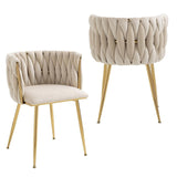 SERENIT Ivory Modern Hand Weaving Dining Chairs,Velvet Upholstered Side Chairs with Gold Legs, Chic V255-GP1800-DC-IVORY
