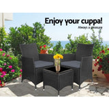 Gardeon 3PC Outdoor Bistro Set Patio Furniture Wicker Chairs Table Cushion All Black ODF-BISTRO-RATTAN-S-BK