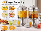5-Star Chef 16L Dual Tank Juice Dispenser Drink Beverage Server Ice Tubes JD-8L-X2-SS