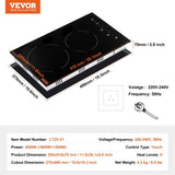 Electric Cooktop, 12 inch 2 Burners Built-in Electric Stove Top, 3000W Ceramic Radiant Cooktop with V952-Q12INCH3000W2U7DKV3