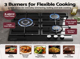 Devanti 59cm Gas Cooktop 3 Burner Knob Control Glass Hob Cast Iron Black CT-GAS-3B-BK