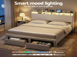 Artiss King Upholstered Bed Frame with Shelf Storage Drawers Charging Station Mood Lighting Linen BFRAME-G-NOUVEA-K-BG-ABC