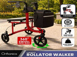 Orthonica 3-Wheel Folding Rollator Walker with Seat Lightweight Aluminium Mobility Aid Adjustab FRW-MAS-518-RD