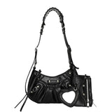 Black Vintage Rivet Crescent Moon Bag with Card Holder & Mirror, French Retro PU Leather Shoulder & V888-ELOSUNG13771
