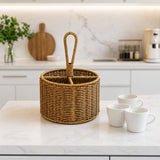 Hand Woven Rattan Round Utensil Caddy with 4 Compartments - Flatware Silverware Storage Basket with V1366-AZ2-W-13080