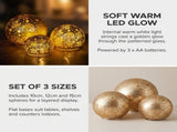 Christabelle 3 Gold Glass Christmas LED Light Up Spheres Patterned Table Decor Xmas Ornaments B 112_YAN367
