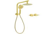WELS Brushed Gold Round Twin 8" Shower Head Set Diverter Wall Arm Metal Handheld Taps V1233-A703GHR002M4CGKSR108GCPF0282AG