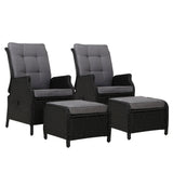 Gardeon 2PC Recliner Chair Sun lounge Wicker Lounger Outdoor Furniture Adjustable Black ODF-RCL-RW-CHOTM-BKX2