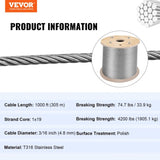 Stainless Steel Cable Railing 3/16" x 1000ft, Wire Rope 316 Marine Grade, Braided Aircraft Cable V952-GSS1X19-4.8MM305MV0