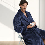 Men's Flannel Bathrobe blue L Size - Soft Coral Fleece Hooded Kimono Collar Dressing Gown Loose Fit V888-ELOSUNG54492