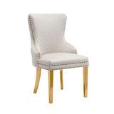 Set of 2 Beige Velvet Dining Chairs Button Studded Ring Back Design Golden Legs V43-DC-LYN-GL