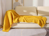 130*230CM Bright Yellow Nordic Solid Color Knitted Sofa Throw Blanket with Tassels - Waffle Weave V888-ELOSUNG17042
