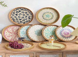 Rattan Tray with Mother of Pearl Inlay Wooden Base, Serving Basket for Breakfast Food, Round Tray as V1366-AZ2-W-19854