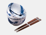 Bowl Set 2pcs with Chopsticks Blue White Splash Design V637-C0315