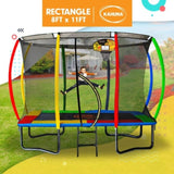 Kahuna Trampoline 8 ft x 11 ft Outdoor Rectangular Rainbow with Basketball Set TRA-FJP-RCT-0811-RB-BB