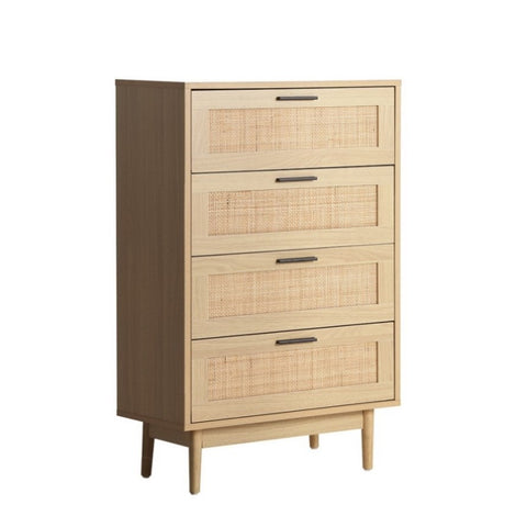 Artiss 4 Chest of Drawers Rattan Tallboy Pine - BRIONY FURNI-E-RAT-CDR-4D-WD-AB