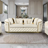 3 Seater Sofa Beige Velvet Fabric Solid Wood construction Gold Stainless Steel Trim V43-SOF-DUK3SBG