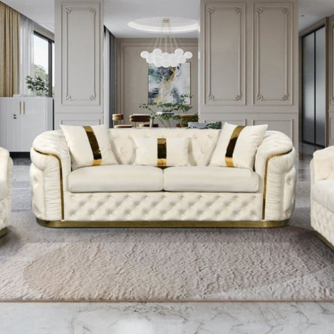 3 Seater Sofa Beige Velvet Fabric Solid Wood construction Gold Stainless Steel Trim V43-SOF-DUK3SBG