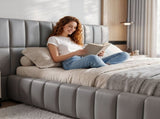Artiss Queen Size Upholstered Gas Lift Bed Frame with Foldable Bench PVC Leather Platform Bed with BFRAME-G-FORD-Q-GY-ABCD